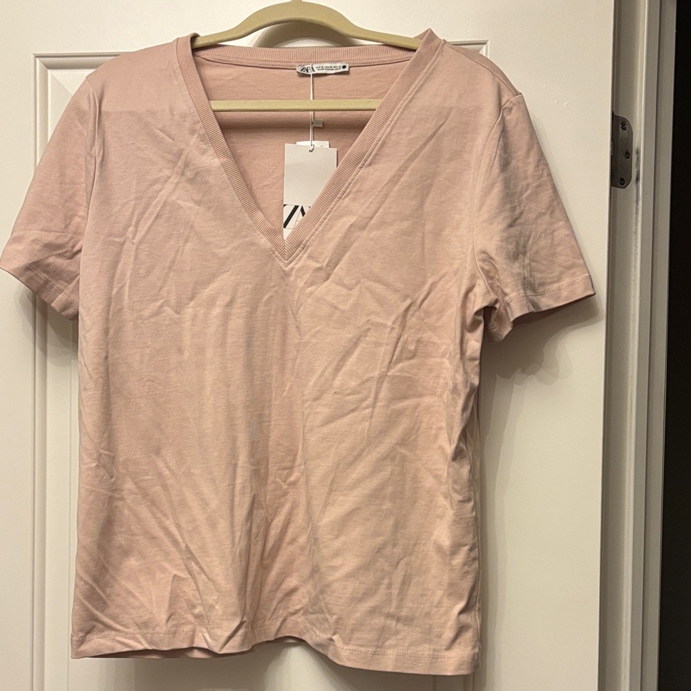 Zara Light Pink V-Neck Short Sleeve Top